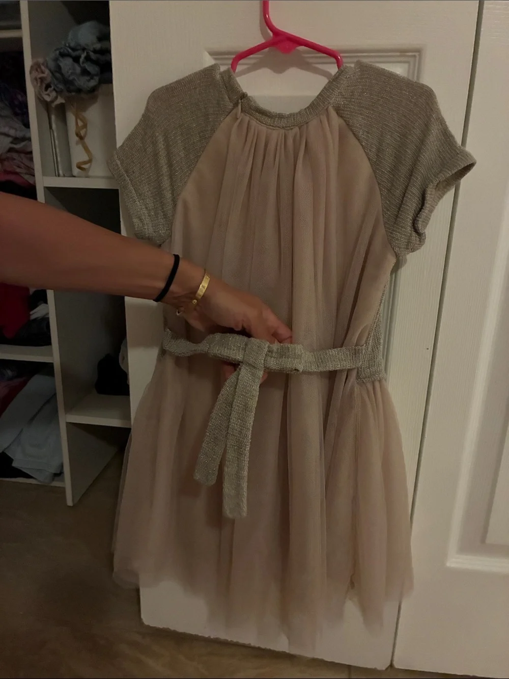 Girls Sparkle Knit Top with Tulle Skirt Dress - Taupe